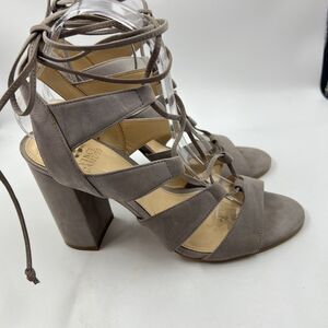 Vince Camuto Winola Heels Sz 8.5 Tan Taupe Suede Leather Strappy Ankle Lace Up